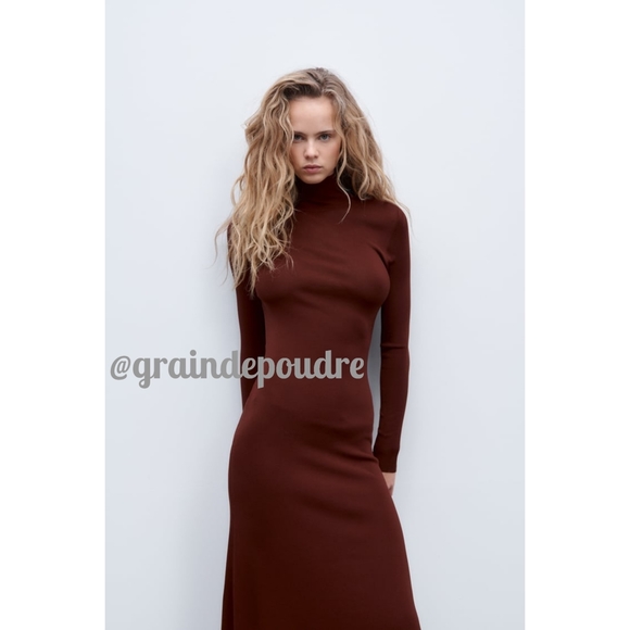 Rare! Zara Chocolate Brown Mock Neck Back Cutout Slit Knit Maxi Swing Dress S - Picture 2 of 6